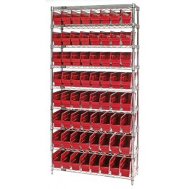 Wire Shelving Unit with Red Plastic Storage Bins
