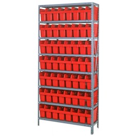 Steel Shelving Unit with Red Plastic Bins