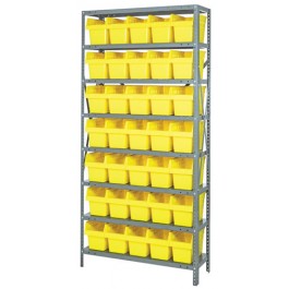 Steel Shelving Unit with Yellow Plastic Bins