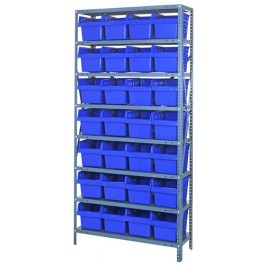 Steel Shelving Unit with Blue Plastic Bins