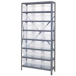 Steel Shelving Unit with Clear Plastic Bins