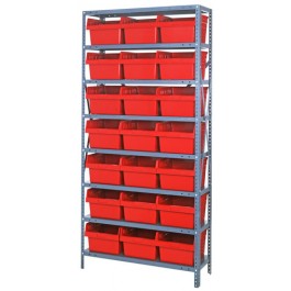 Steel Shelving Unit with Red Plastic Bins