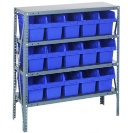 Steel Shelving Unit with Blue Plastic Bins