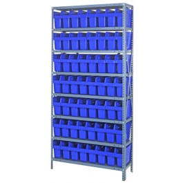 Steel Shelving Unit with Blue Plastic Bins