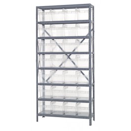 Steel Shelving Unit with Clear Plastic Bins