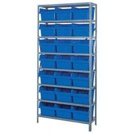 Steel Shelving Unit with Blue Plastic Bins