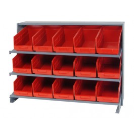 Sloped Bench Rack with Red Bins