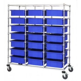 Triple Bay Transport Cart with Blue Bins