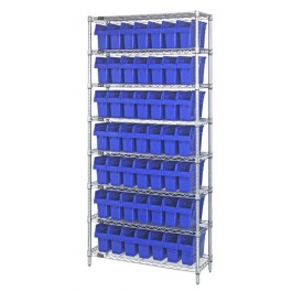 Wire Shelving Unit with Blue Plastic Bins