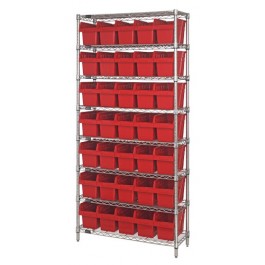 Wire Shelving Unit with Red Plastic Bins