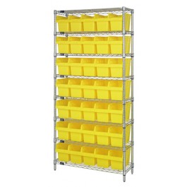 Wire Shelving Unit with Yellow Plastic Bins