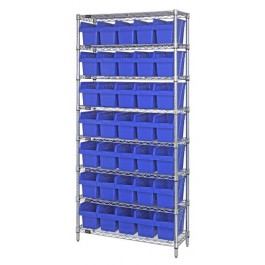 Wire Shelving Unit with Blue Plastic Bins
