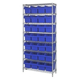 Wire Shelving Unit with Blue Plastic Bins