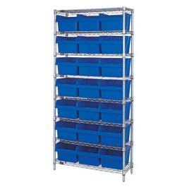 Wire Shelving Unit with Blue Plastic Bins