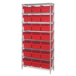 Wire Shelving Unit with Red Plastic Bins