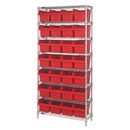 Wire Shelving Unit with Red Plastic Bins