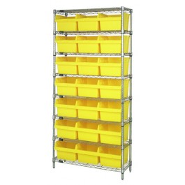 Wire Shelving Unit with Yellow Plastic Bins