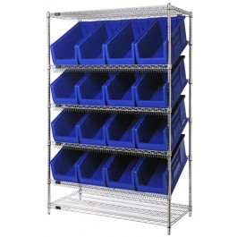 Slanted Wire Shelving Unit with Blue Plastic Storage Bins