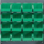 Louvered Panel with Green Plastic Bins