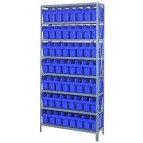 Steel Shelving Unit with Blue Plastic Bins