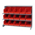 Sloped Bench Rack with Red Bins