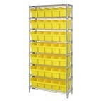 Wire Shelving Unit with Yellow Plastic Bins