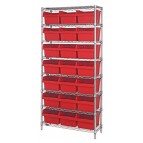 Wire Shelving Unit with Red Plastic Bins