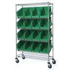Slanted Wire Shelving Cart with Plastic Storage Bins - Green