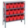 Steel Shelving Unit with Red Plastic Bins
