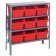 Steel Shelving Unit with Red Plastic Bins