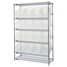 Slanted Wire Shelving Unit with Clear Plastic Bins