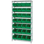 Wire Shelving with Green Plastic Bins