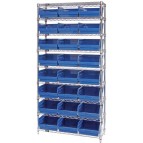 Wire Shelving Unit with Blue Plastic Storage Bins