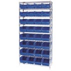 Wire Shelving Unit with Blue Plastic Storage Bins