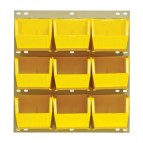 Louvered Panel System with Yellow Plastic Bins