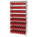 Wire Shelving Unit with Red Plastic Storage Bins