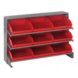 Sloped Bench Rack with Red Bins