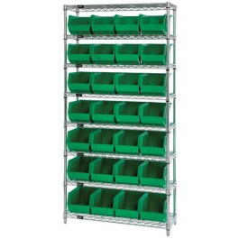 Wire Shelving with Green Plastic Bins