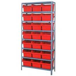 Steel Shelving Unit with Red Plastic Bins