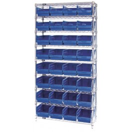 Wire Shelving Unit with Blue Plastic Storage Bins