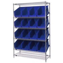 Slanted Wire Shelving with Plastic Storage Bins - Blue