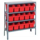 Steel Shelving Unit with Red Plastic Bins