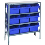 Steel Shelving Unit with Blue Plastic Bins