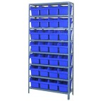 Steel Shelving Unit with Blue Plastic Bins