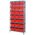 Steel Shelving Unit with Red Plastic Bins