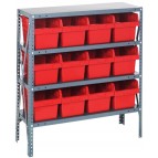 Steel Shelving Unit with Red Plastic Bins