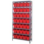 Steel Shelving Unit with Red Plastic Bins