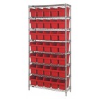 Wire Shelving Unit with Red Plastic Bins