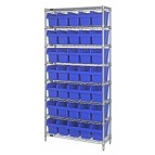 Wire Shelving Unit with Blue Plastic Bins