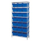 Wire Shelving Unit with Blue Plastic Bins